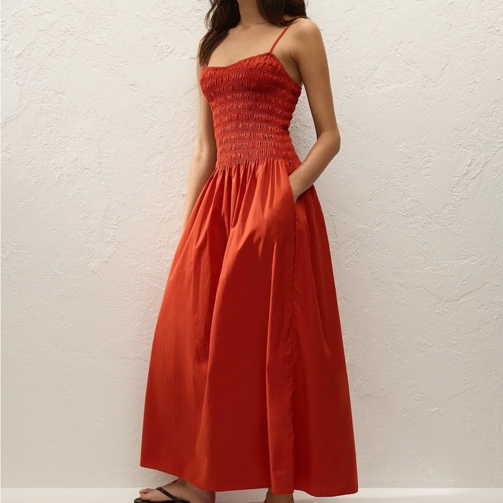 Faithfull the Brand Red Smocked Maxi Dress with Spaghetti Straps